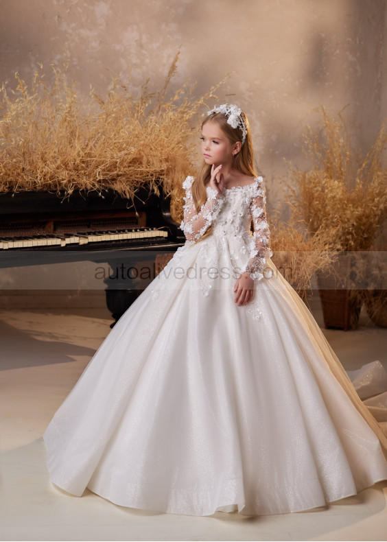 Long Sleeves Beaded White Lace Tulle Floral Flower Girl Dress